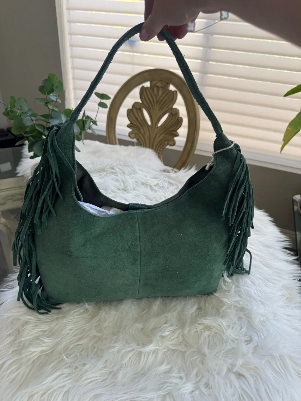 Haute Hippie Forest Green Suede Fringe Hobo Bag